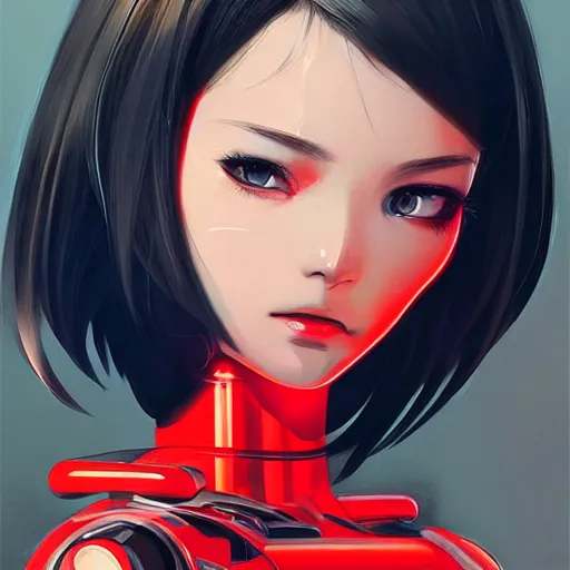 Image similar to A cyborg girl with big and cute eyes, fine-face, realistic shaded perfect face, fine details. red and black robotic parts. Very anime. Realistic shaded lighting poster by Ilya Kuvshinov katsuhiro, magali villeneuve, artgerm, Jeremy Lipkin and Michael Garmash, Rob Rey and Kentarõ Miura style, trending on art station