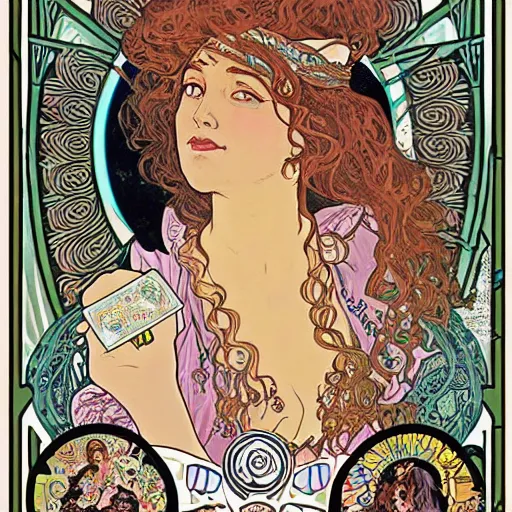 Prompt: lady with long curly hair reading tarot cards surrounded by cats in a gypsy tent, Alphonse Mucha, nouveau poster style with thin lines and pastel colors