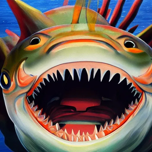 Image similar to oil painting of a fish with sharp teeth, epic, japanese style painting, sharp focus, high details, 4 k