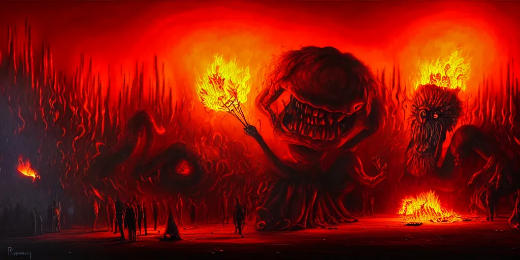 Image similar to repressed emotion creatures and monsters riot in a fiery wasteland, dramatic lighting glow from giant fire, attempting to escape to the surface and start a revolution, in a dark surreal painting by ronny khalil