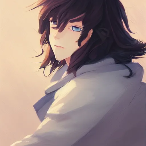 Prompt: portrait of an anime teen boy with long fluffy brown hair, blue eyes. white background. digital art, stylized, by rossdraws, ghibli, greg rutkowski