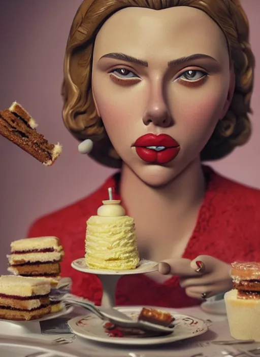 Image similar to closeup portrait of tin toy scarlett johansson eating cakes, depth of field, zeiss lens, detailed, symmetrical, centered, fashion photoshoot, by nicoletta ceccoli, mark ryden, lostfish, earl nore, hyung tae, frank frazetta, breathtaking, 8 k resolution, extremely detailed, beautiful, establishing shot, artistic, hyperrealistic, octane render