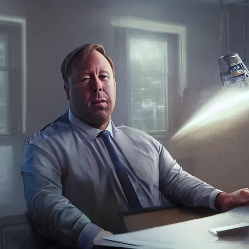 Image similar to hyperrealistic mixed media image of info wars alex jones at desk wearing tin foil hat, stunning 3 d render inspired art by xiang duan and thomas eakes and greg rutkowski, perfect facial symmetry, hyper realistic texture, realistic, highly detailed attributes and atmosphere, dim volumetric cinematic lighting, 8 k octane detailed render, post - processing, masterpiece,