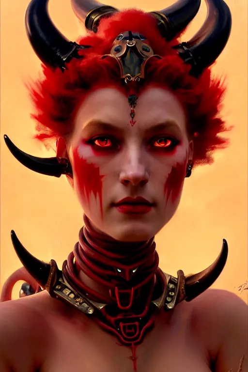 Image similar to painted close - up portrait of a very attractive red - skinned intimidating demon robot girl with ram horns! oil painting, wearing a noblewoman's outfit, fantasy art by john singer sargent and gaston bussiere and james jean and greg rutkowski, demon noble character design, ultra hd