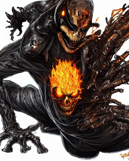 Image similar to ghost rider symbiote, dynamic lighting, fantasy concept art, trending on art station, stunning visuals, creative, cinematic, ultra detailed, comic strip style