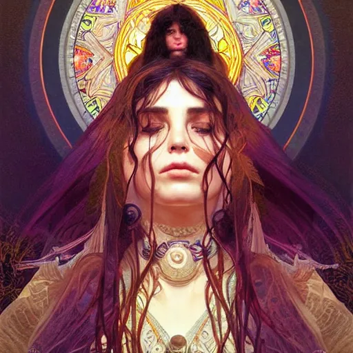 Image similar to concert of an shaman, big eyes, intricate, elegant, highly detailed, digital painting, artstation, concept art, smooth, sharp focus, illustration, art by artgerm and greg rutkowski and alphonse mucha