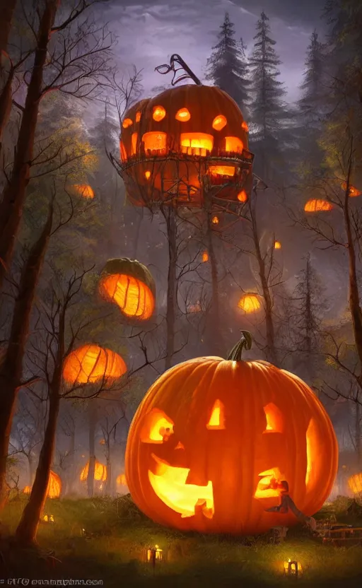 Image similar to a giant pumpkin cabin in the middle of a forest at night, the lights are on, dynamic lighting, photorealistic fantasy concept art, trending on art station, stunning visuals, creative, cinematic, ultra detailed