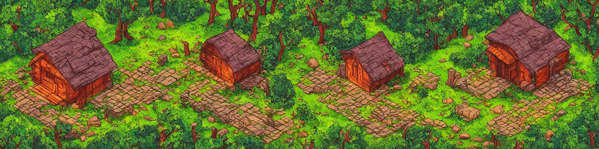 Prompt: isometric painting of ancient forest with mystical cozy cabin highlighted by sun