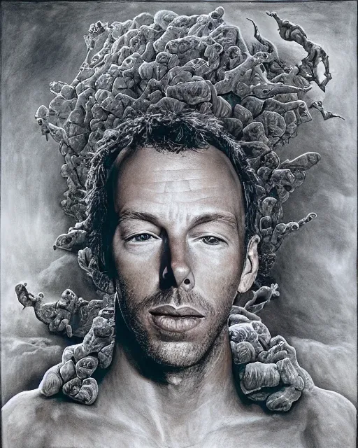 Image similar to a portrait of coldplay chris martin, from the terrifying and incomprehensible beyond, body horror, by gerard brom, zdzisław beksinski and ansel adams