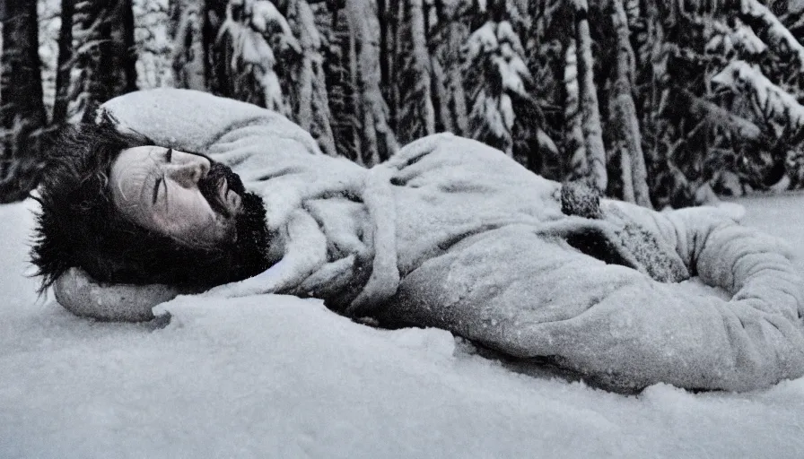 Image similar to 1 9 6 0 s movie still close up of marcus aurelius ill frozen lay on the snow by the side of a river with gravel, pine forests, cinestill 8 0 0 t 3 5 mm b & w, high quality, heavy grain, high detail, texture, dramatic light, anamorphic, hyperrealistic, detailed hair, foggy