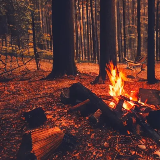 Image similar to book near a campfire, spooky forest background burnt orange and navy hues, highly detailed, dslr