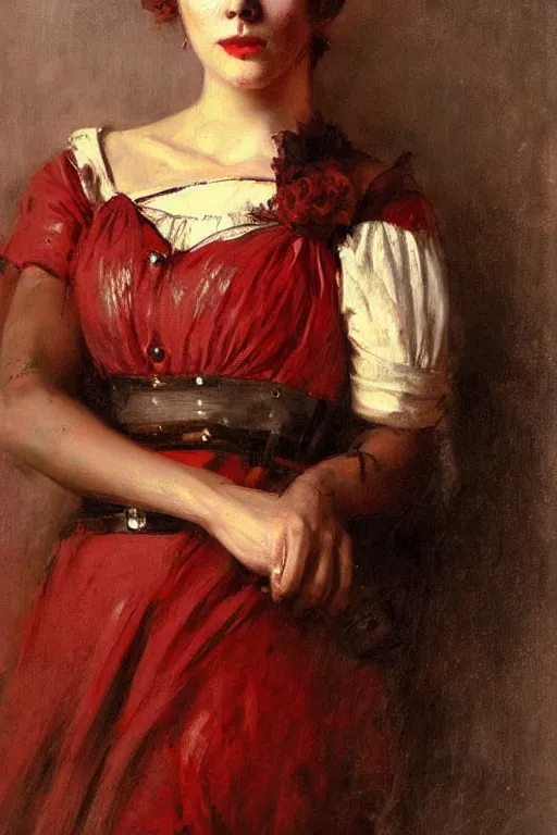 Prompt: Solomon Joseph Solomon and Richard Schmid and Jeremy Lipking victorian genre painting full length portrait painting of a young beautiful woman traditional german barmaid in fantasy costume, red background