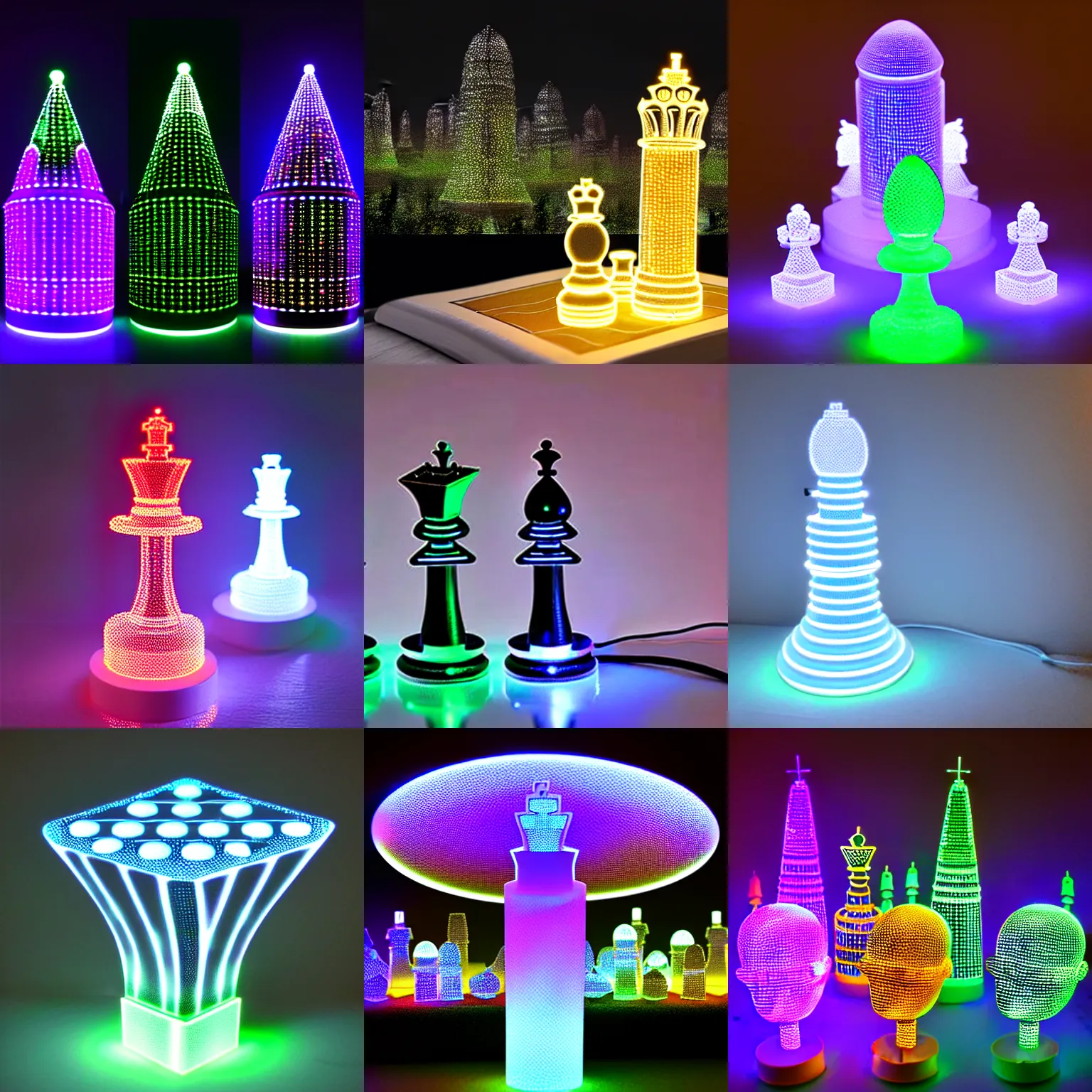 Prompt: sleek, mechanical, queen chess piece made of glowing led lights, cities flourishing, digital forest, high quality architectural art