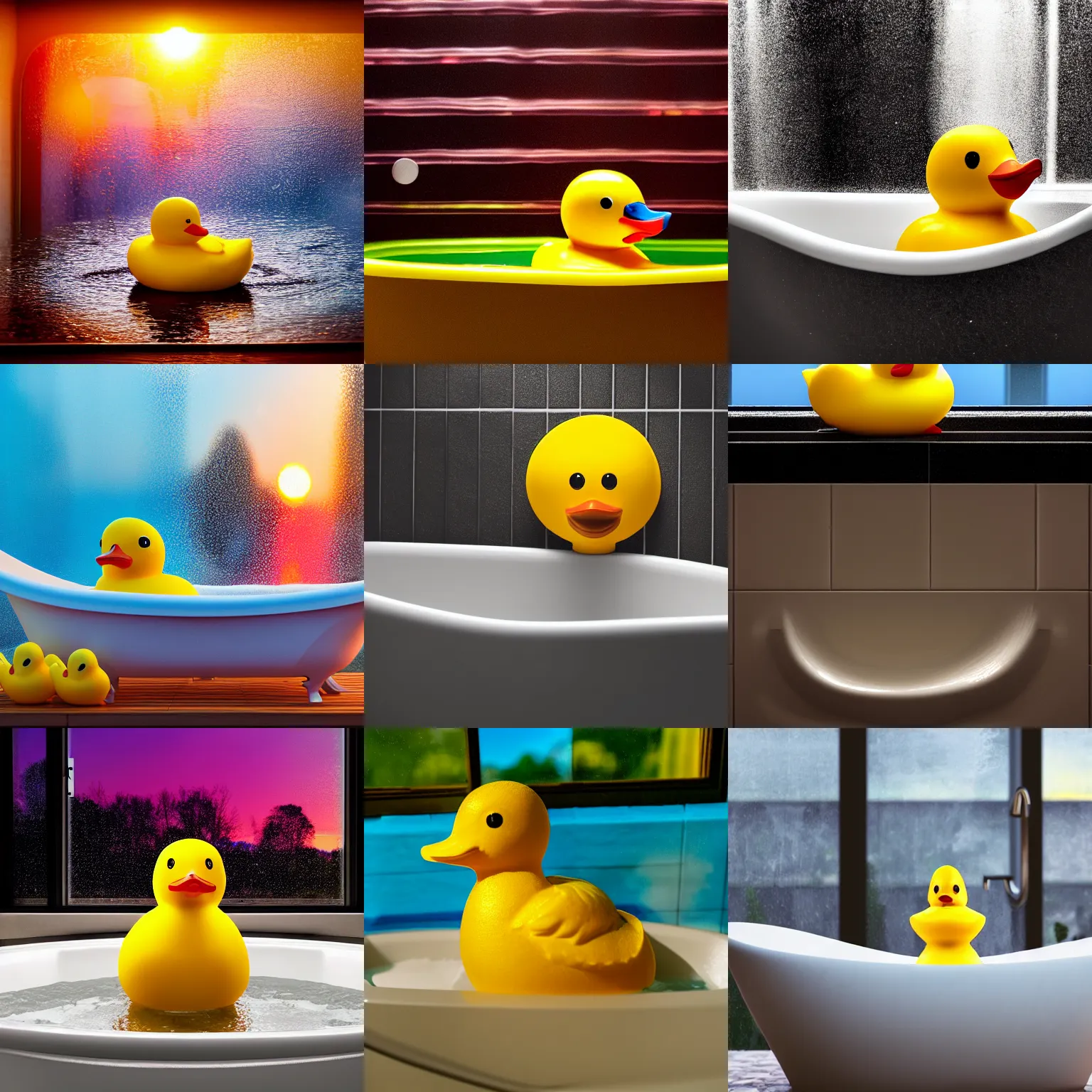 Prompt: yellow rubber duck in bathtub, water, shower, window, blinders, photorealistic, full of color, hyperrealistic, movie scene, sunset, sharp, 4k, uhd, hd