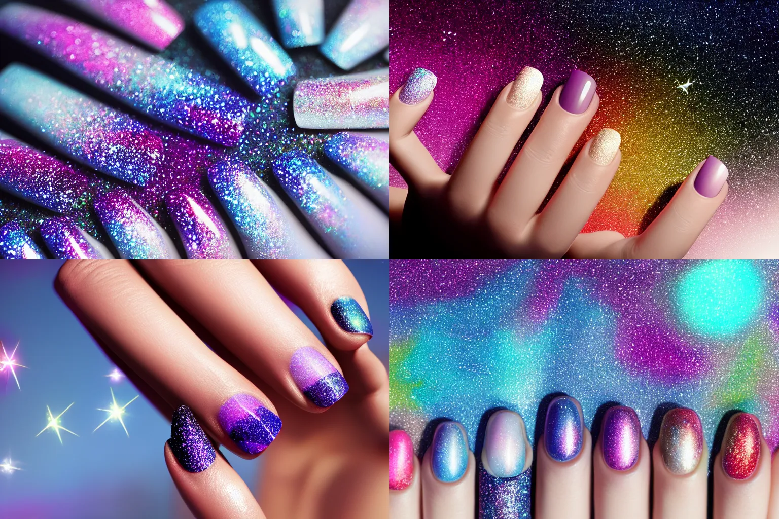 Prompt: galaxy nail polish swatches, sparkling, glitter, photorealistic, 3 d art, octane render, vray tracing, advertisement, 8 k