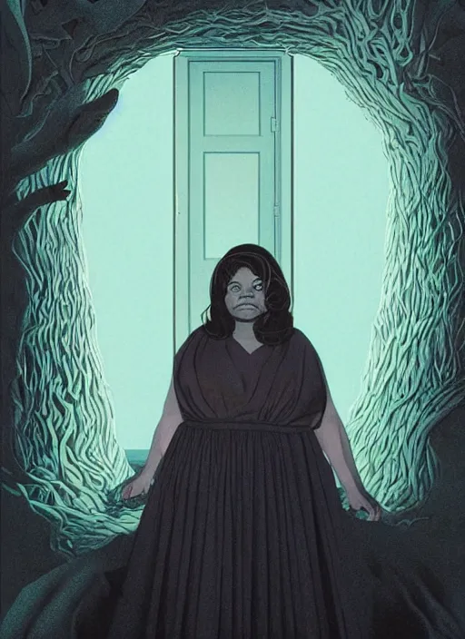 Prompt: poster artwork by Michael Whelan and James Jean, of Octavia Spencer has a voice in her head, reality is a labyrinth, psychological thriller from scene from Twin Peaks, clean, simple illustration, nostalgic, domestic, full of details