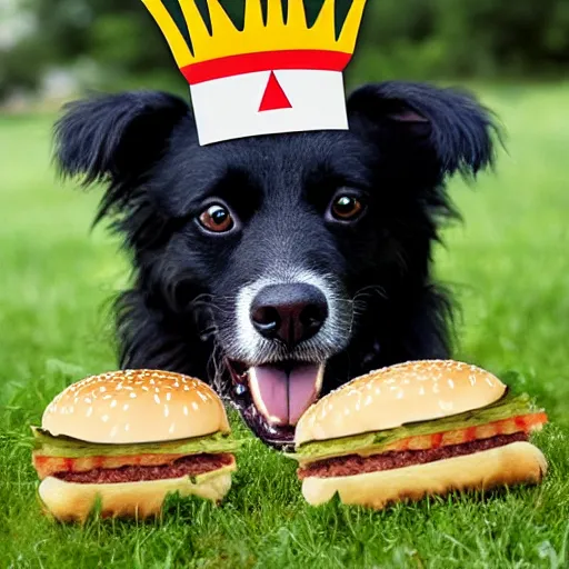 Prompt: a dog eating a big mac while wearing a burger king crown, award winning photography