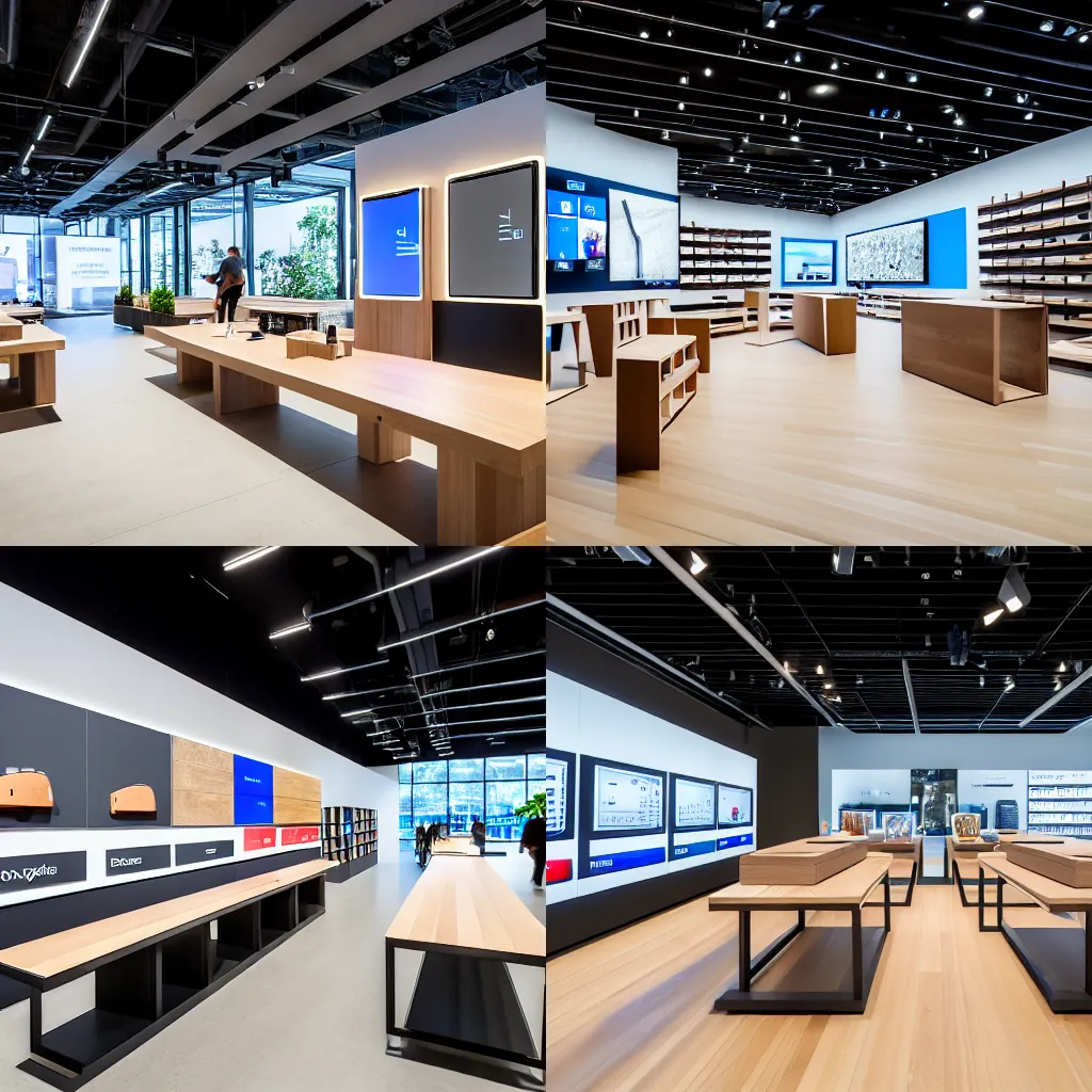 Prompt: (wood and concrete flagship retail interior Samsung Microsoft, Apple, large tables with mobiles and tablets on display, telephones, accessories, stools, plants, digital screens) XF IQ4, 14mm, f/1.4, ISO 200, 1/160s, 8K, RAW, unedited, symmetrical balance, architectural photography, in-frame