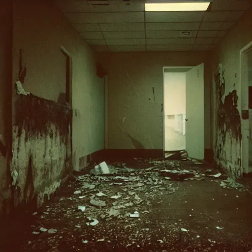 Image similar to an eerie photo of in an abandoned hospital in an inconspicuous place there are human figures from the 1 9 9 0 s at night, disposable film,