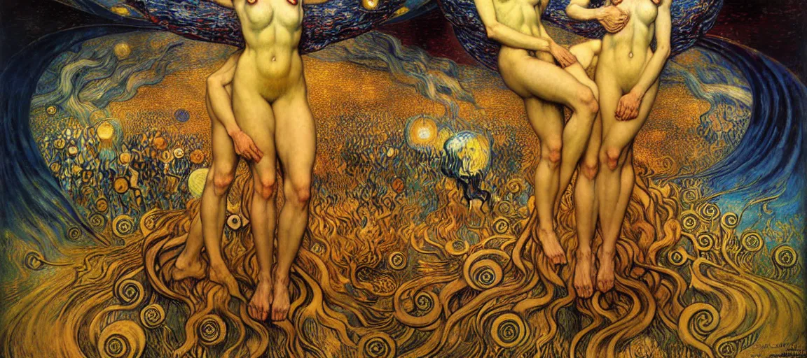 Image similar to Divine Chaos Engine by Karol Bak, Jean Delville, William Blake, Gustav Klimt, and Vincent Van Gogh, symbolist, visionary