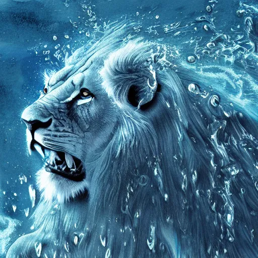 Image similar to a male lion's face breaching through a wall of water, water sprites, splashing, deep blue water color, highly detailed, realistic digital art