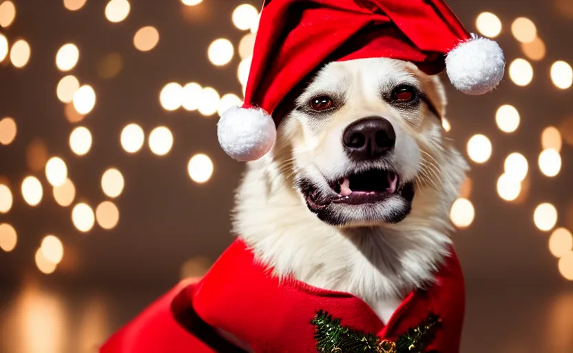 Image similar to studio photography of a dog wearing a christmas outfit, detailed face, cinematic lighting, 8 k