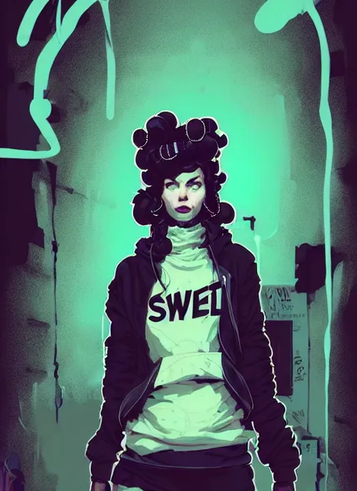 Image similar to highly detailed portrait of a sewer punk lady, tartan hoody, ringlet hair by atey ghailan, by greg rutkowski, by greg tocchini, by james gilleard, by joe fenton, by kaethe butcher, gradient light blue, black, cream and white color scheme, grunge aesthetic!!! ( ( graffiti tag wall background ) )