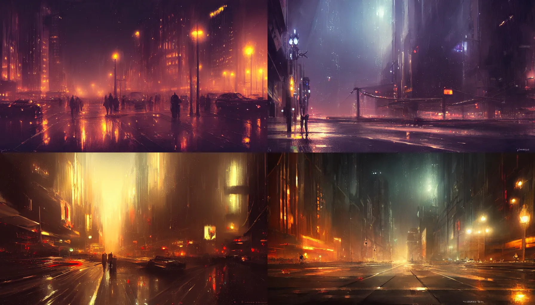 Prompt: big city lights glitter in the dark near the tannhauser gate by james paick, masterpiece, concept art, detailed, atmospheric, cinematic