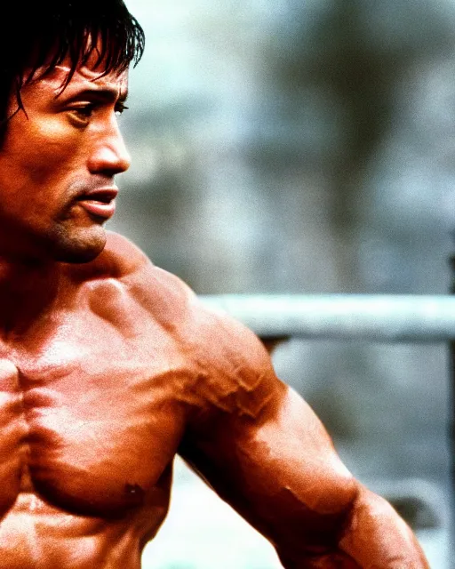Image similar to Film still close-up shot of Dwayne Johnson as Rocky Balboa from the movie Rocky. Photographic, photography