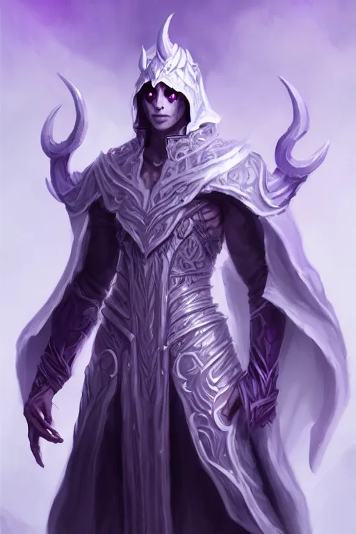 Prompt: man male demon, full body white purple cloak, warlock, character concept art, costume design, black eyes, white horns, trending on artstation, Artgerm , WLOP