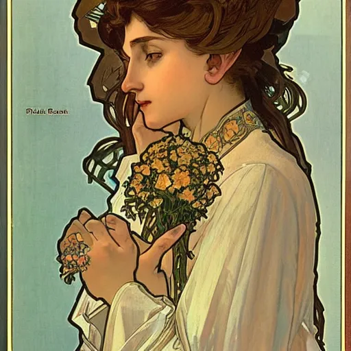 Image similar to 3 / 4 portrait hyper detailed woman priest catholic, elegant, highly detailed, sharp focus, illustration, art by alphonse mucha