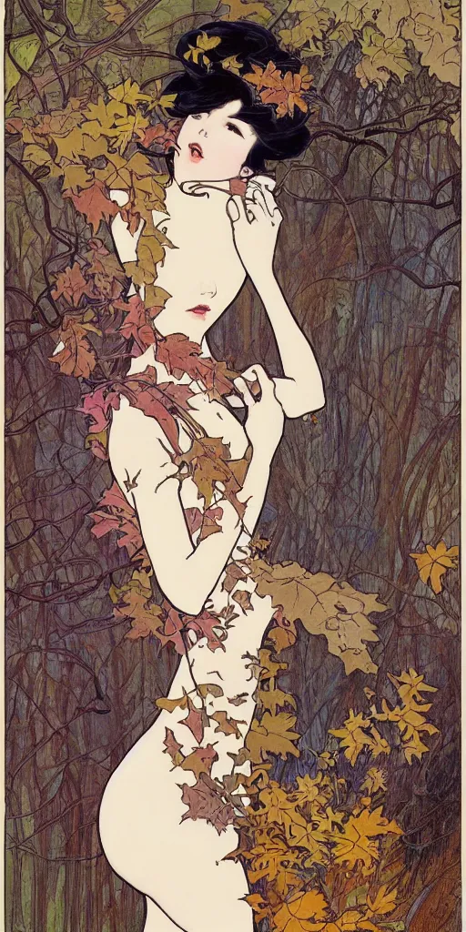 Image similar to a beautiful illustration of a beautiful lady with black hair in a forest in autumn, style of yoshitaka amano and alfons mucha