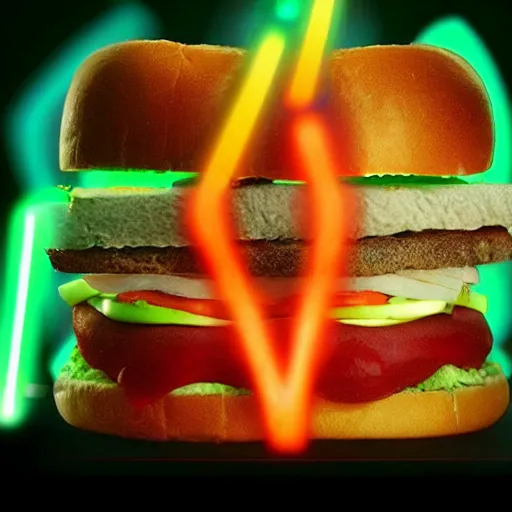 Image similar to an extremely high quality photo of a surreal neon-lightsaber-sandwich, ((sandwich)) creation, a hybrid mixture of lightsabersandwich filled with lightsaber neons and sandwichlightsaberneontube patties, neon tubesauce drizzled, lightsaber lettuce, glowing sandwich, promotional photo, 4k polymer clay food photography