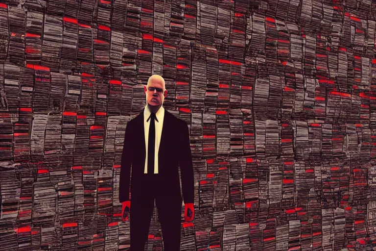 Image similar to an expressive portrait of agent 4 7 from hitman wearing headphones standing in front of a wall of vinyl records, dark background, red rim light, digital art, artstation, concept art by giger stalenhag