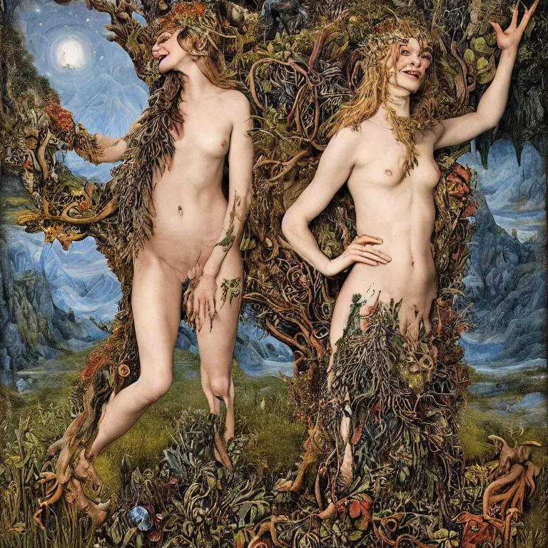 Image similar to a grinning druid dryad with goat pupils transforming herself into a mad beast. her skin is covered in scales and feathers. landscape with mountains, river and night sky. painted by jan van eyck, max ernst and ernst haeckel, trending on artstation, 8 k, award winning, hard lighting, fashion editorial, mythology