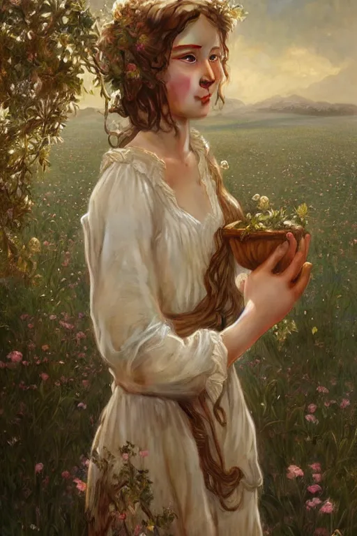 Image similar to beautiful cottagecore young peasant maiden, innocent, intricate, elegant, highly detailed, digital painting, artstation, concept art, smooth, sharp focus, illustration, art by artgerm and greg rutkowski and alphonse mucha
