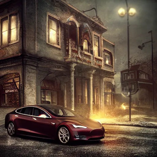 Image similar to Alexander Jansson Style, Tesla model S enhanced CGI, Many Details, Ultra Detailed, Octane Render, Real Engine 5 Cinematic, Realistic, Intricate Detail, Finely Detailed, Small Details, Extra Detail More details, tiny details, high resolution, 3D, PBR, path tracing, volumetric lighting, octane render, Arnold Render, 8k