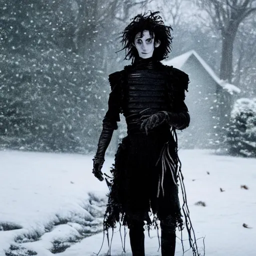 Prompt: high-quality photo of timothée chalamet as Edward scissorhands in a haunting snowy garden