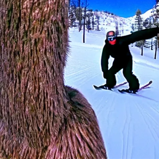 Image similar to GoPro footage of Bigfoot skiing in rad 1990s gear