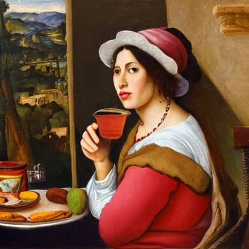 Prompt: A beautiful Jewish-Mexican woman peacefully sips a soda at a café at sunset with a plate of beignets before her, Renaissance oil painting