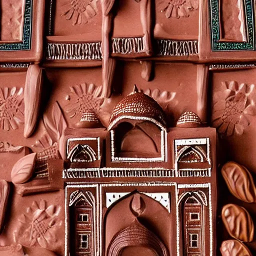 Image similar to taj mahal made of chocolate, caramel and peanuts, professional food photography,