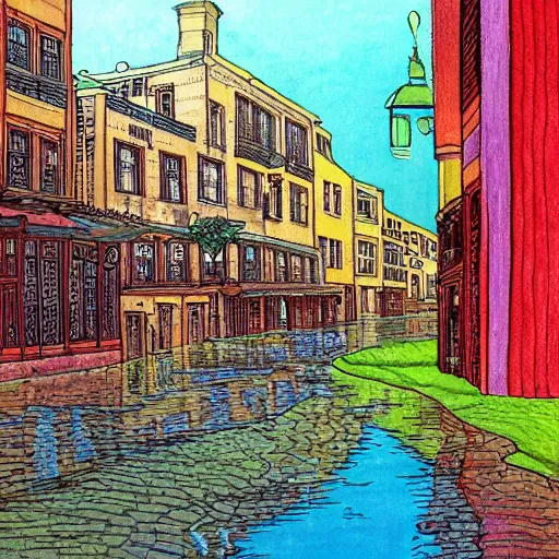 Image similar to water flowing through the streets in old city, sideview, colourful drawing by moebius