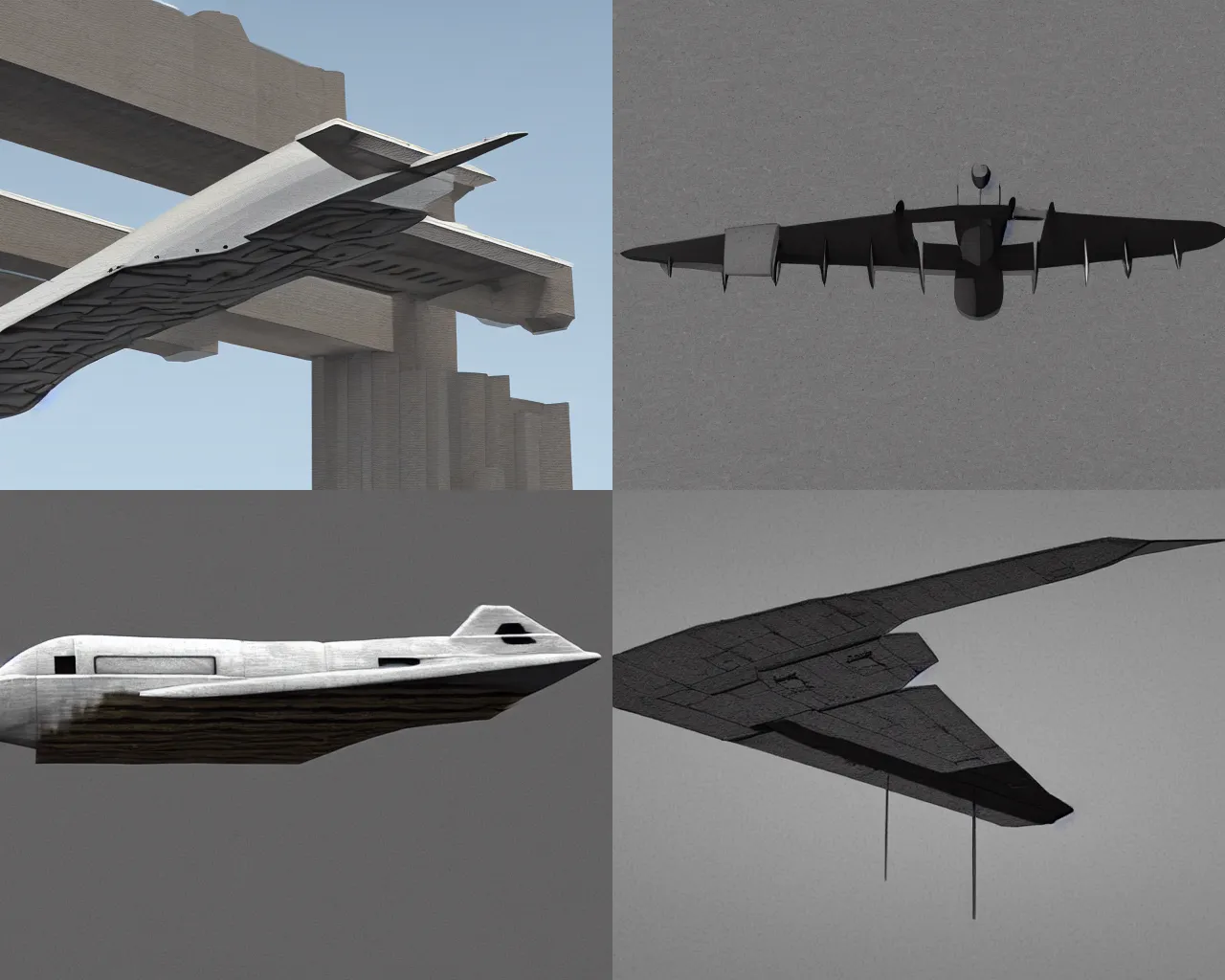 Prompt: a plane inspired by brutalist architecture