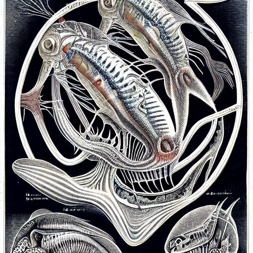 Image similar to alien fish anatomy by ernst haeckel, masterpiece, vivid, very detailed