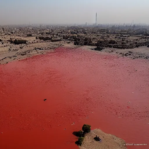 Prompt: bird's eye view of a river of blood flowing near the pyramids of giza