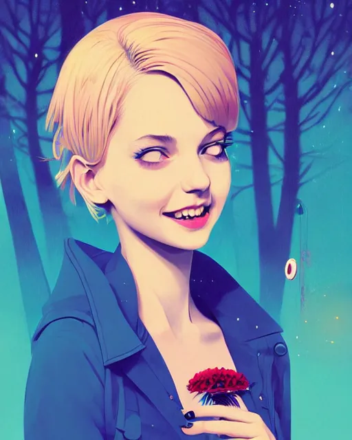 Image similar to digital illustration of pretty girl with short blonde hair hair, from alice in wonderland, smoking, happy eyes, smiling, in a wonderland forest, in junkyard at night, by ilya kuvshinov, lois van baarle, rossdraws, basquiat