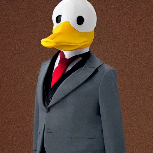 Image similar to a high detail photo of an antropomorphic duck wearing a suit, subject= duck, subject detail: wearing a suit, photorealism