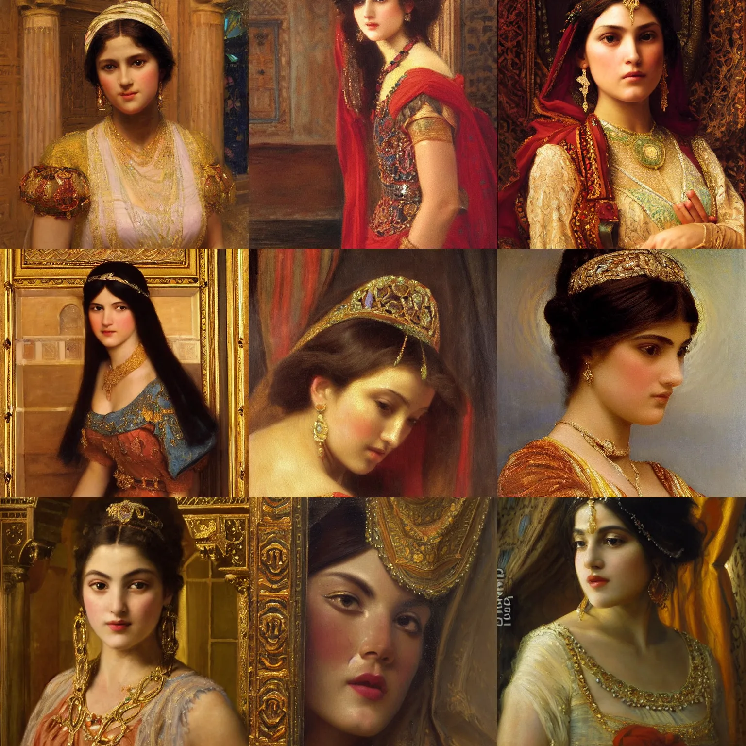 Prompt: orientalism painting of a beautiful princess in a palace face detail by edwin longsden long and theodore ralli and nasreddine dinet and adam styka, masterful intricate art. oil on canvas, excellent lighting, high detail 8 k