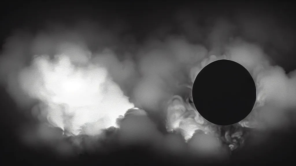 Image similar to smoke flows out of a black sphere in the sky above the city, fog, volumetric lighting, mystique, atmospheric, sharp focus, ultra detailed, noir art house, 4 k, cinematic, 3 5 mm