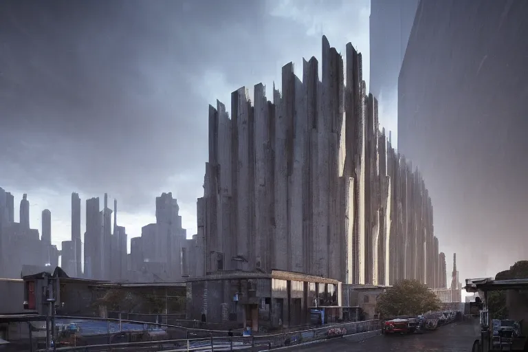 Image similar to streetscape, a towering cathedral of brutalist architecture, buildings covered with greebles, stunning volumetric light, sunset, metal, concrete and translucent material, stunning skies, majestic landscape, trending on Artstation, 8k, photorealistic, hyper detailed, unreal engine 5, IMAX quality, cinematic, epic lighting, in the style of Greg Rutkowski